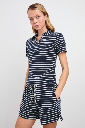  Polo Naveli Court pour femme, rayures bleu marine et ivoire | Rails Tops