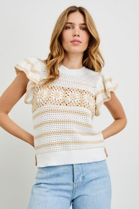  Top Penelope pour femme, rayures crochet ivoire et avoine | Pulls Rails