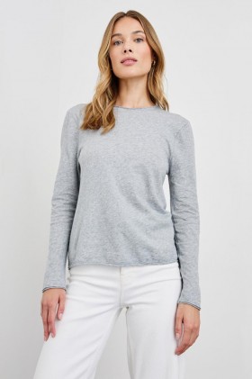  Damen Langarm-T-Shirt mit Rundhalsausschnitt, meliertes Grau | Rails Tops